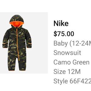 Nike camo green snowsuit (12 months)